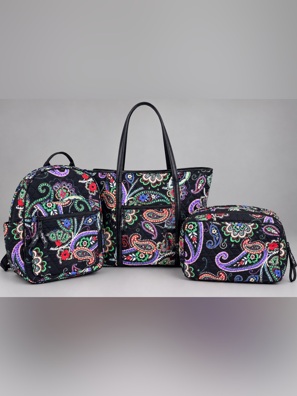 Vera Bradley Black Quilted Paisley Tote with Multicolor Accents